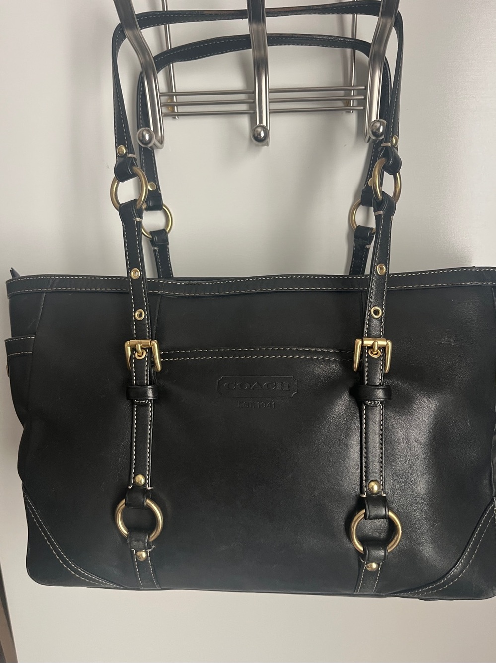 Coach Black Leather Double-Handle Tote with Gold Hardware